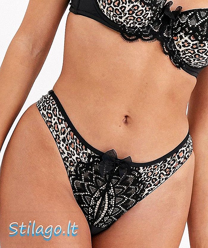 Hunkemoller Gigi lace trim thong dalam leopard print-Black