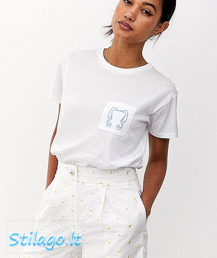 Warehouse x Shrimps T-Shirt mit bestickter Seepferdchen-Tasche in Weiß