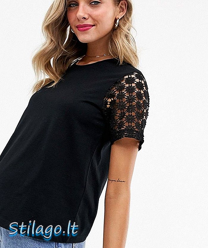 ASOS डिजाइन टी शर्ट के साथ फीता आस्तीन-काला