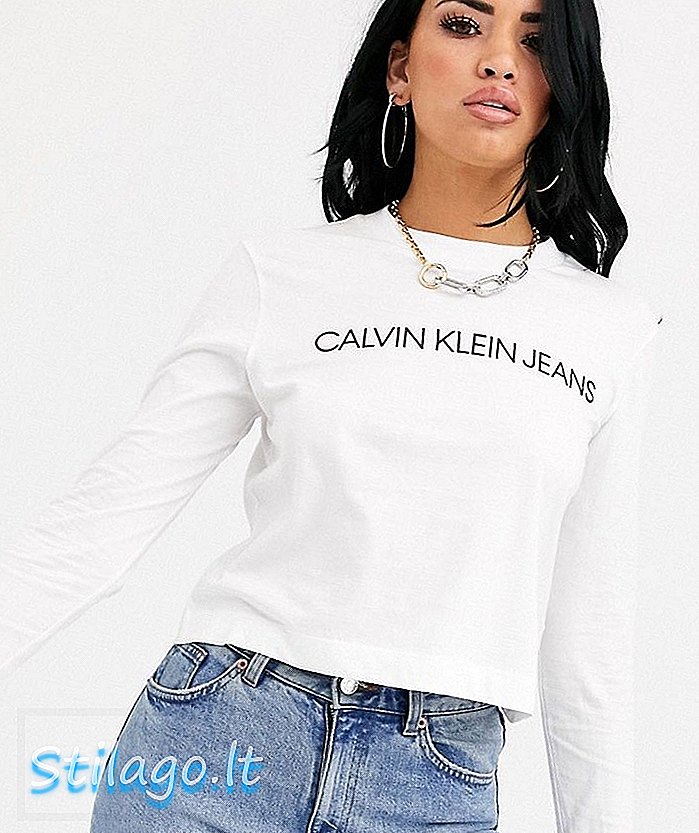 Calvin Klein Jeans instituciniai marškinėliai ilgomis rankovėmis, marškinėliai - balti