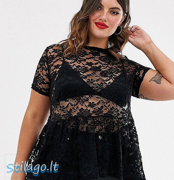 New look Top in peplo di pizzo floreale curvo in nero