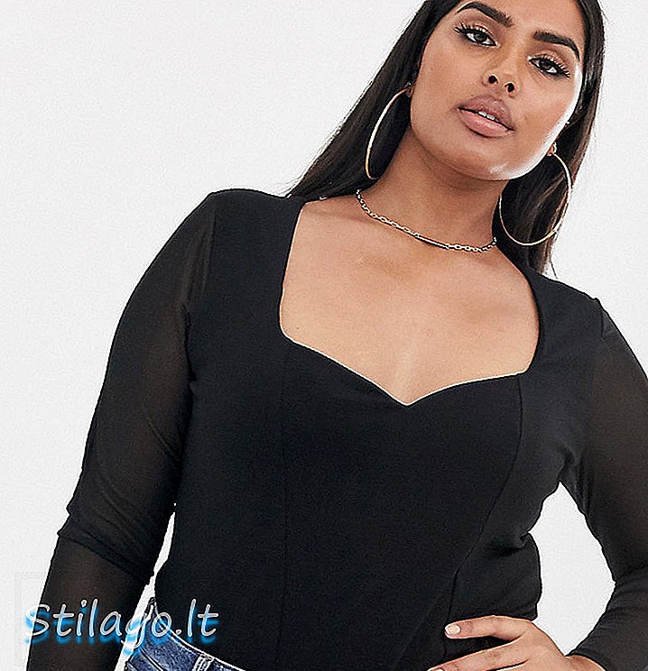 ASOS DESIGN Curve bahagian atas leher dengan lengan mesh-Hitam