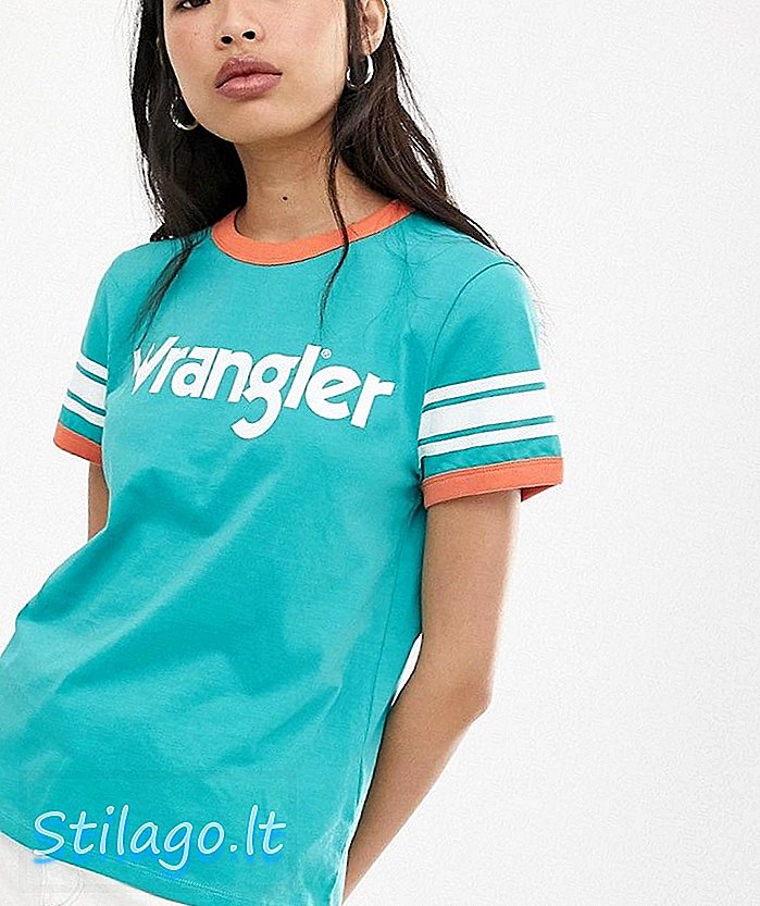 Wrangler skambučio ženklo marškinėliai su mėlynos spalvos juostelėmis su rankovių detalėmis
