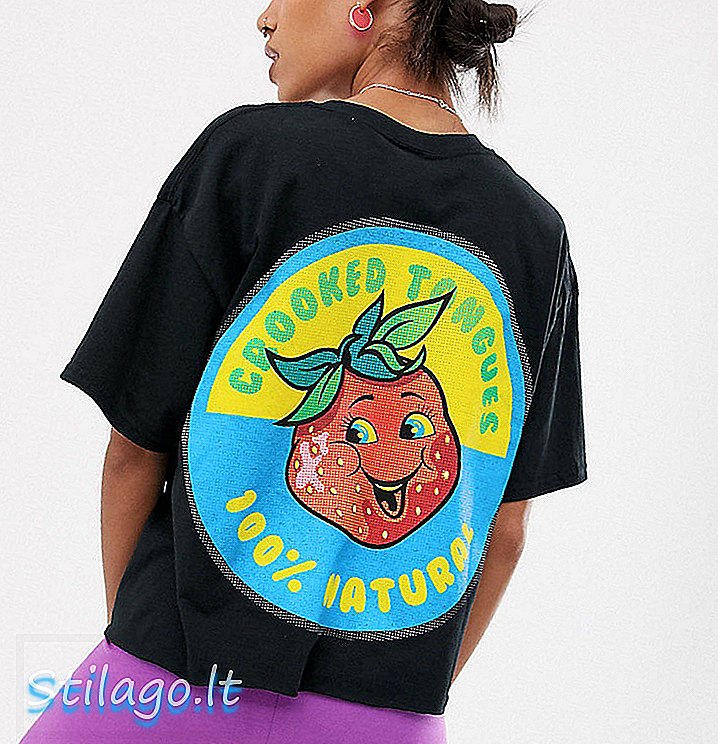स्ट्रॉबेरी प्रिंट-ब्लॅकसह कुटिल जीभ क्रॉप टी-शर्ट