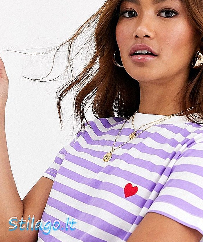 Daisy Street χαλαρό μπλουζάκι με κεντήματα καρδιάς σε ρίγες-Μωβ