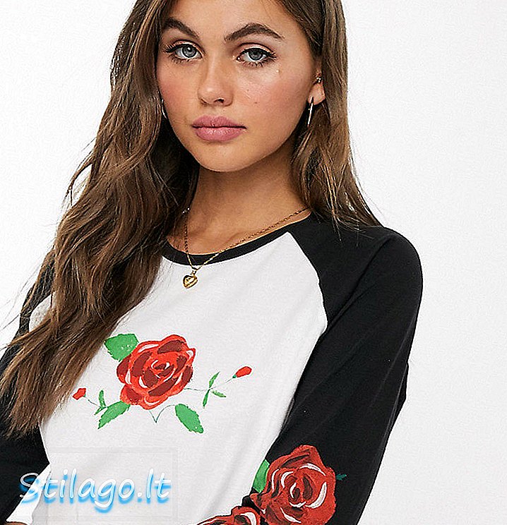 Kami Orang Berbulu t-shirt katun raglan organik dengan mawar yang dilukis dengan tangan-Putih
