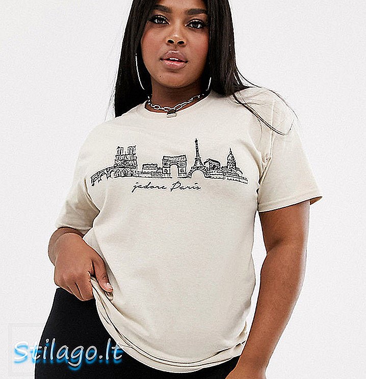 Boohoo Plus slogan t-shirt met Paris skyline in crème