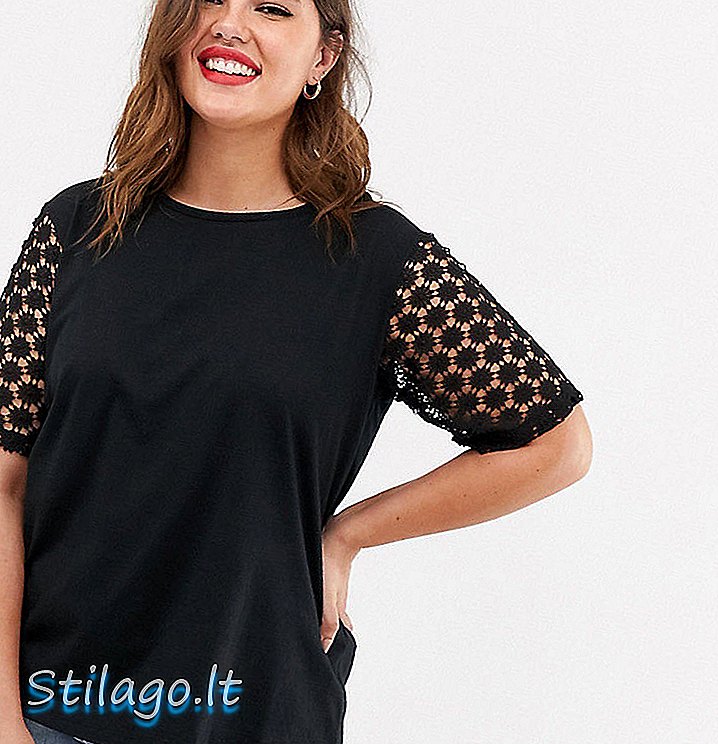 ASOS DESIGN - T-shirt curva con manica in pizzo nera