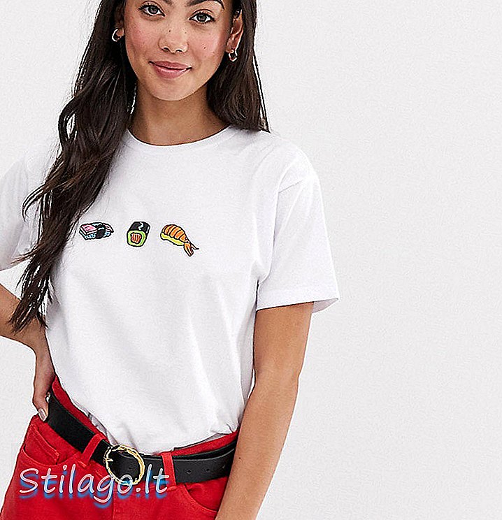 Тениска ASOS DESIGN Petite със суши печат-Бяла