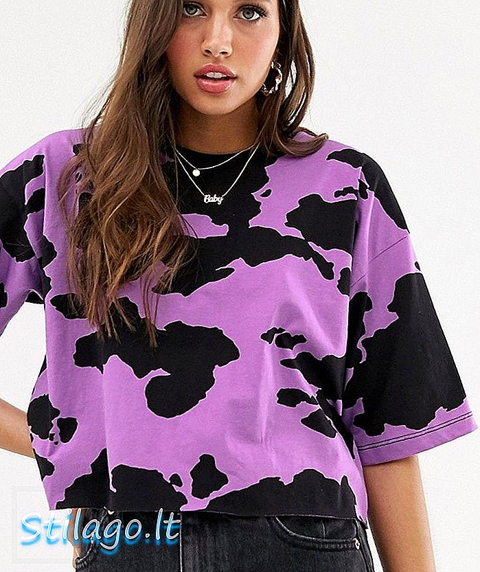 ASOS DESIGN oříznuté tričko se šněrováním z lila krávy s potiskem fialové