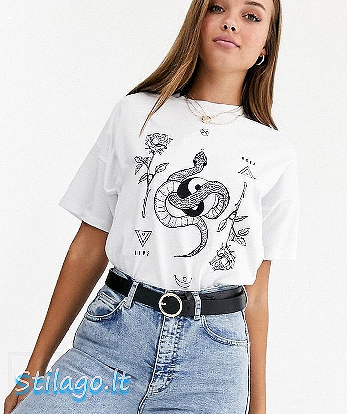 „ASOS DESIGN“ dideli marškinėliai su gyvatės ir yin yang motyvais - balti