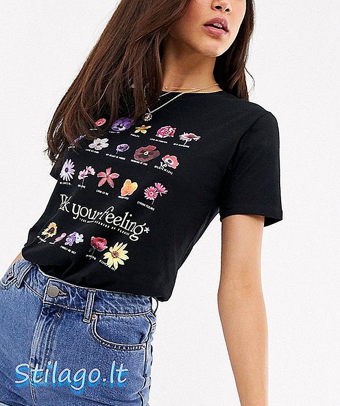 T-shirt motif cetak bunga stradivarius berwarna hitam
