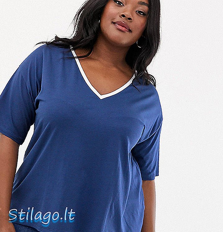 ASOS DESIGN Curve - T-shirt met v-hals en getipte hals in blauw