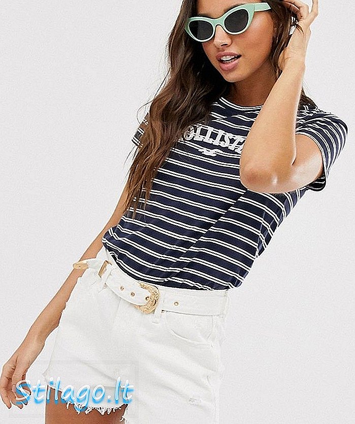 Hollister mindre logo stripe crop kjæreste t-skjorte-Navy