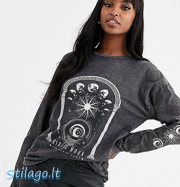 ASOS DESIGN Hohes T-Shirt mit langem Ärmel und Sonnenwende-Print mit Wash-Grey