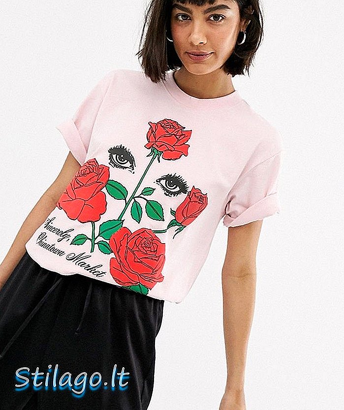 T-shirt teman lelaki Chinatown Market dengan grafik mawar romantis-Pink