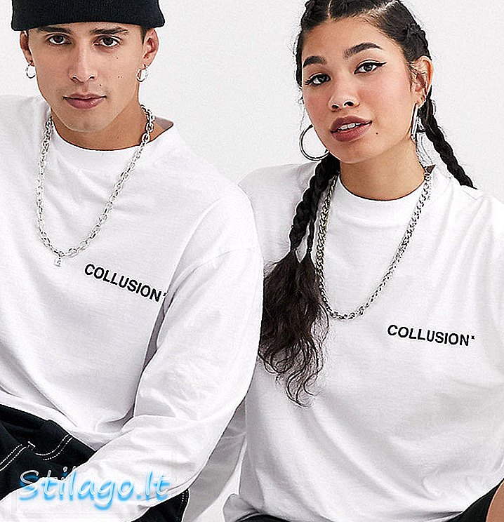 COLLUSION Unisex tričko s dlhým rukávom so zvýšenou potlačou-Biele