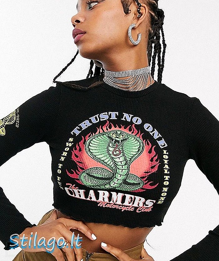 New Girl Order kurz geschnittenes Langarm-T-Shirt in Waffel mit Grunge Snake Grafik-Schwarz