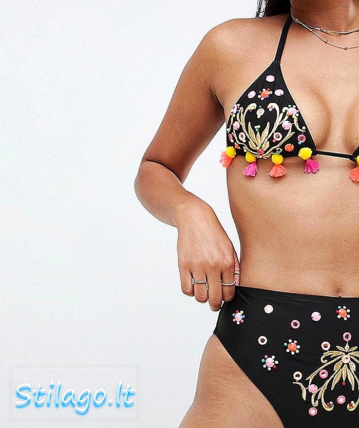 ASOS DESIGN - Pompon-bikinibroekje met hoge taille, spiegelgaren, versierd met hoge taille, zwart