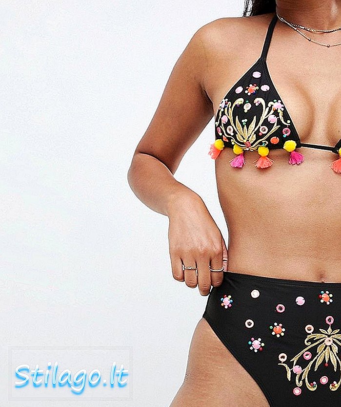 ASOS DESIGN pārstrādāts Spoguļpērles Pom Pom izšūts bikini ar augstu jostasvietu apakšā-melns