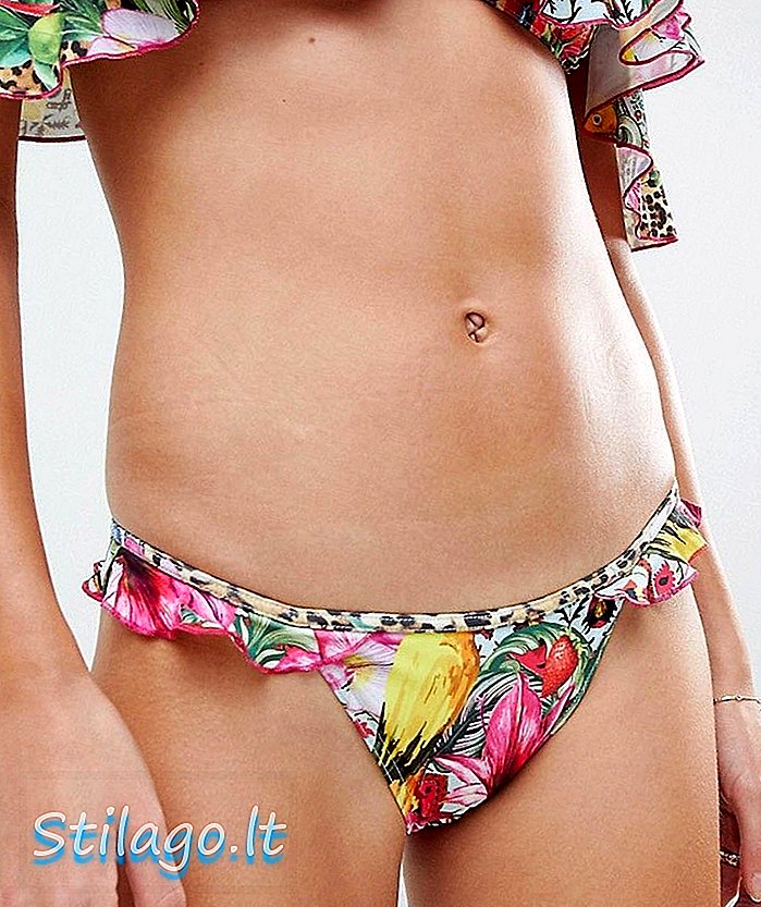 ASOS DESIGN Festival Tropical Print Frill Bikini Bottom-Multi