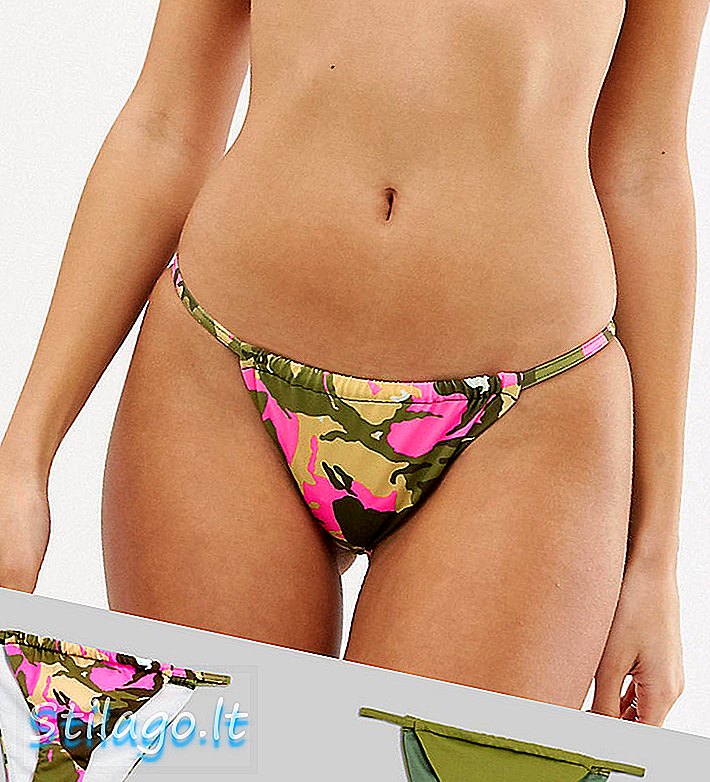 Braguitas de bikini de tanga con múltiples bolsillos y estampado de camuflaje de color caqui y rosa de ASOS DESIGN