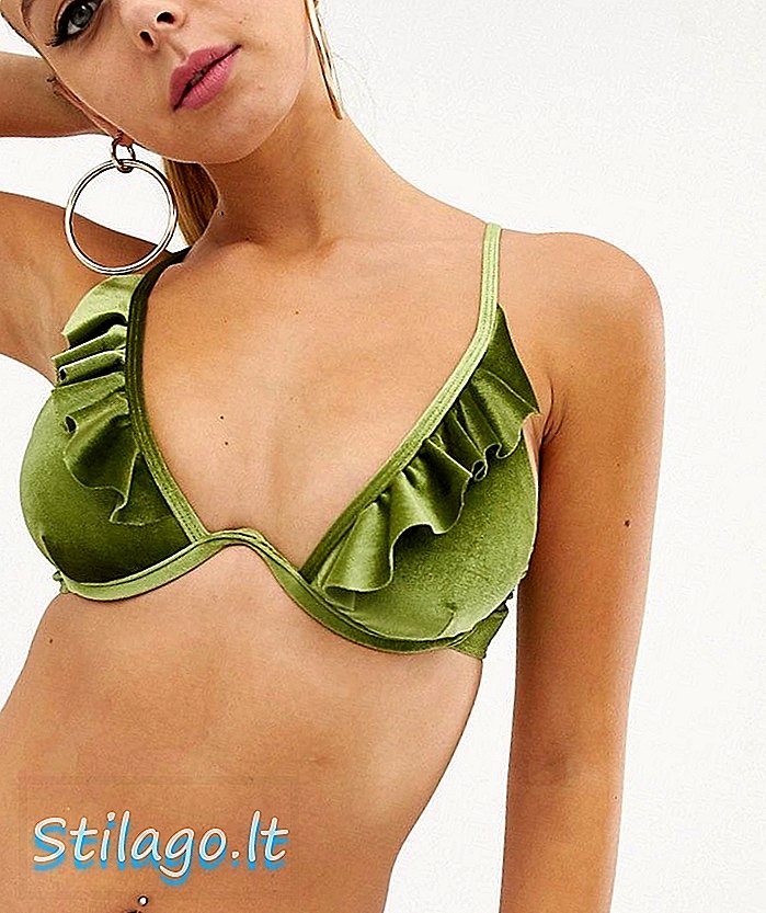 Haut de bikini à armatures PrettyLittleThing avec volants en velours olive-Vert