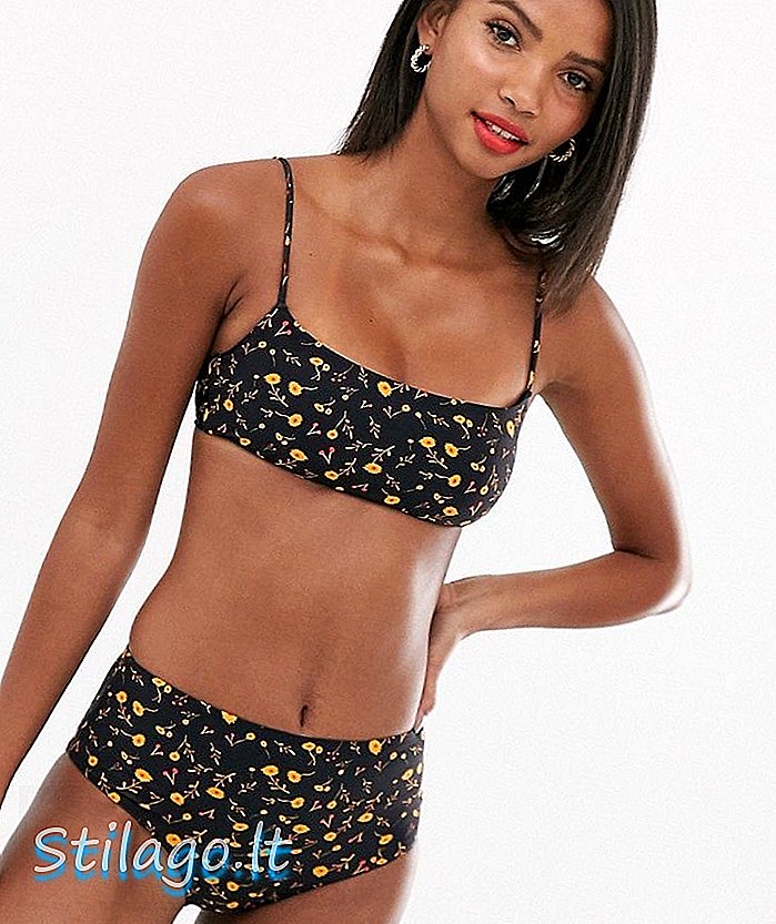 Svilpju kvadrātveida kakla bikini tops ar asteru ziedu-melnu