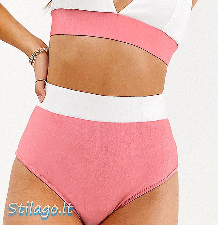 PrettyLittleThing Bikinihöschen mit hoher Taille und Kontrastpaneel in Pink und Weiß-Multi