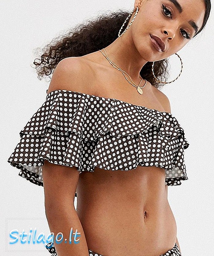PrettyLittleThing frill detaļa bardot bikini tops šokolādes polka dot-Multi