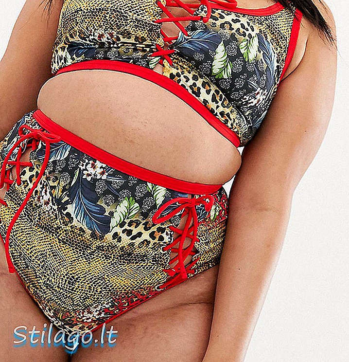 ASOS DESIGN - Slip bikini a vita alta con cinturino ricamato in contrasto riciclato con stampa tropicale leopardata rosso