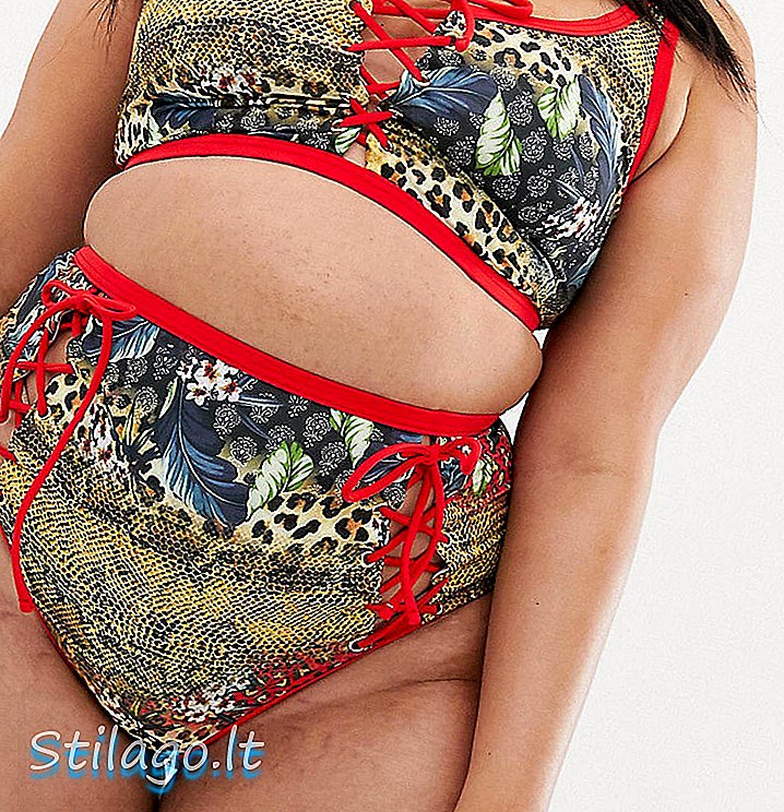 Braguitas de bikini de talle alto con lazo reciclado y encaje reciclado de ASOS DESIGN en estampado tropical de leopardo-Rojo