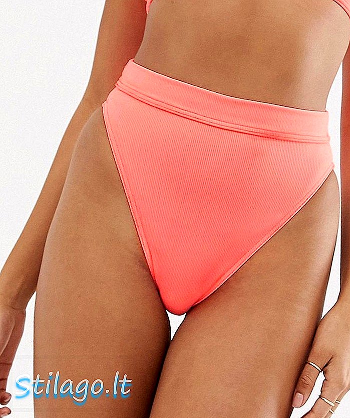 ASOS DESIGN izdilis saista bikini apakšstilbu ar augstu jostasvietu mazgātā neona rozā ribiņā