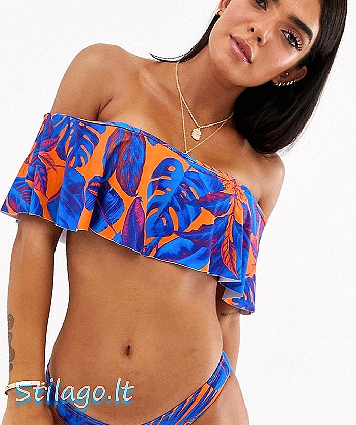 South Beach bardot fırfır tropikal baskı bikini seti-Multi