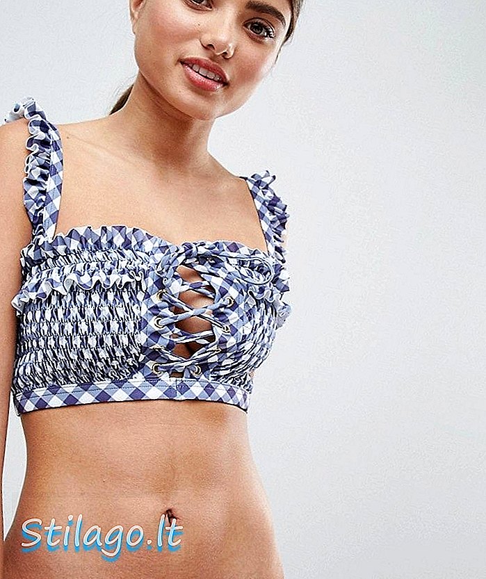 ASOS DESIGN Fuller Bust Gingham Print Shirred Lace Up Bikini Top Dd-F-Blue