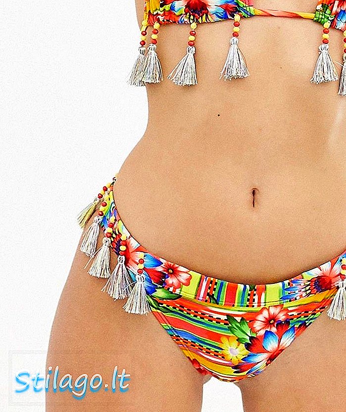 Braguitas de bikini de tanga con ribete de flecos reciclados de ASOS DESIGN en estampado de rayas florales paraíso-Multi