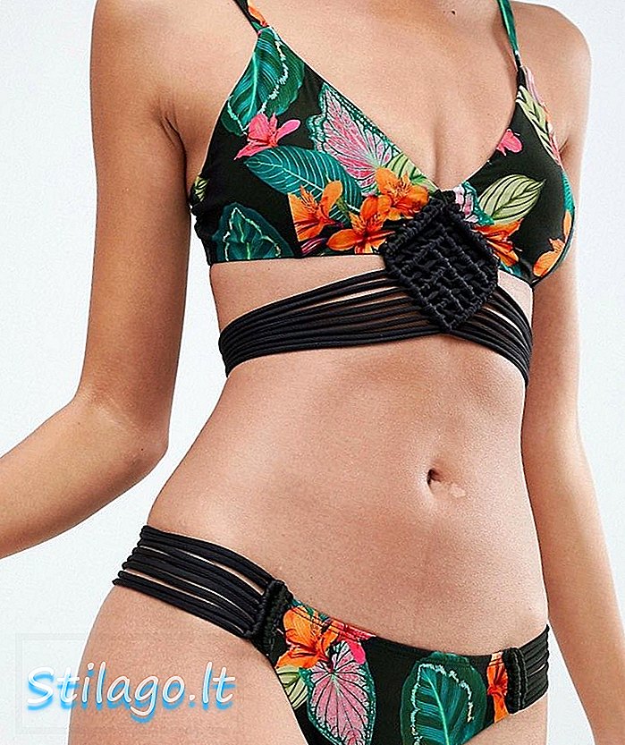 ASOS DESIGN Exotic Leaf Print Print Macrame Tanga Bikini Bottom-Multi