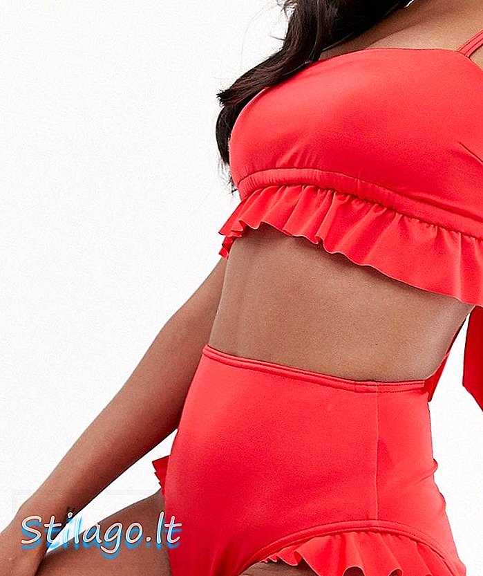 ASOS DESIGN - Bikini glam con fondo arricciato a vita alta in bikini rosso