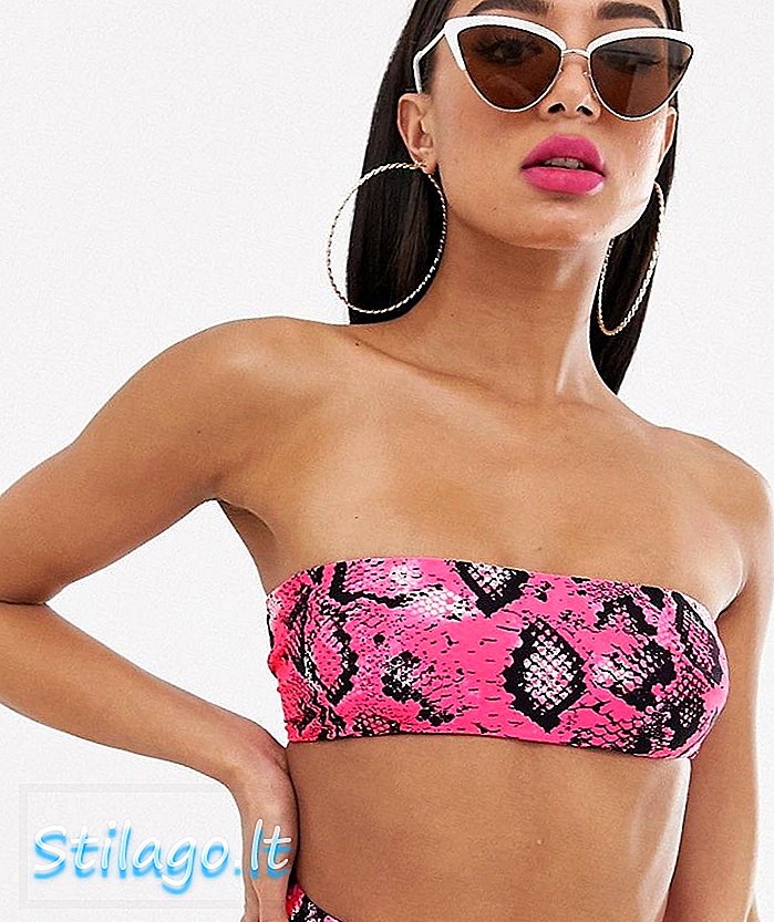 ASOS DESIGN kombinieren ein sauberes Bandeau-Bikinioberteil mit rosa Neonschlangenmuster