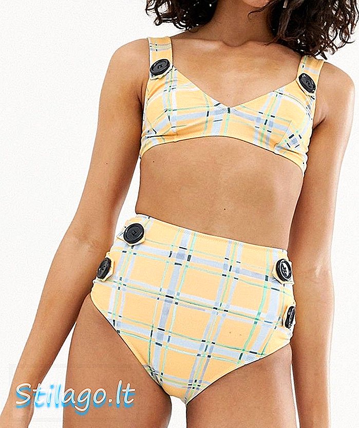 ASOS HVIT sjekk bikinibukse med høy midje-gul