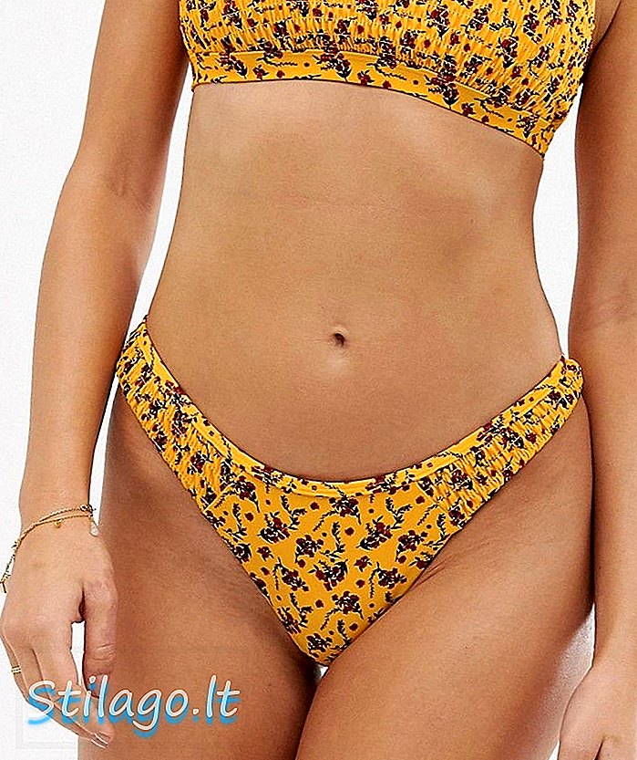 Slip bikini arricciato gamba alta River Island in Ditsy floreale giallo