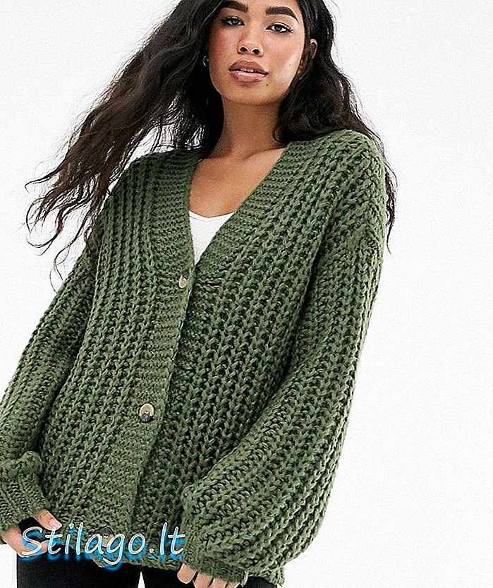 Noisy May chunky ribbed button front v neck cardigan-Gold