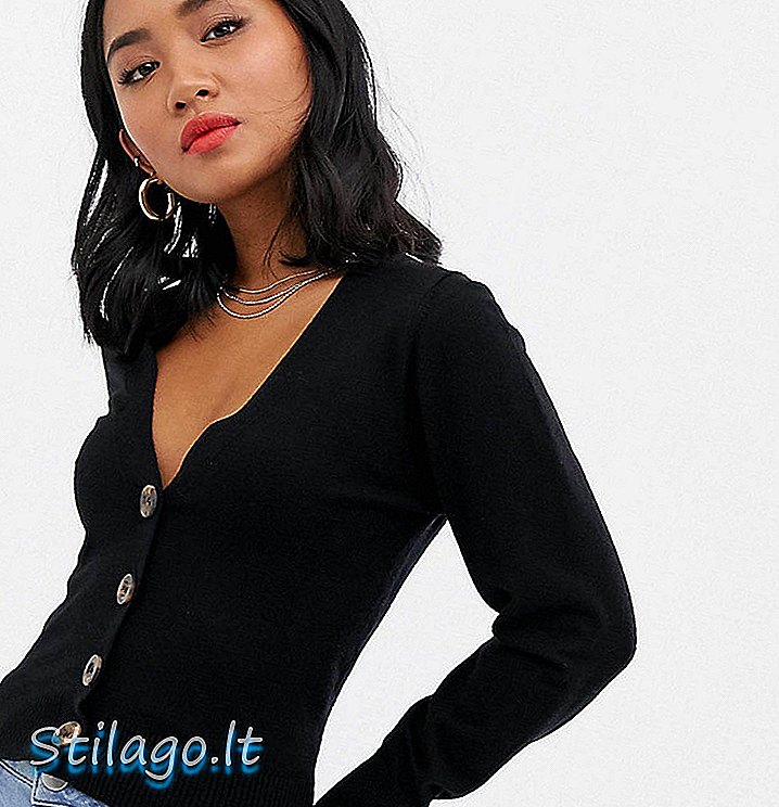 ASOS DESIGN Kardigan rajutan halus Petite dengan butang-Hitam