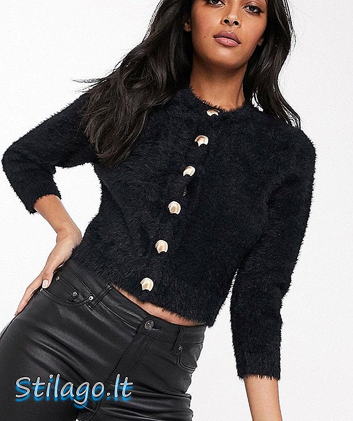 Módní svetrový nadýchaný pletený svetr s pouzdry na knoflíky - černá