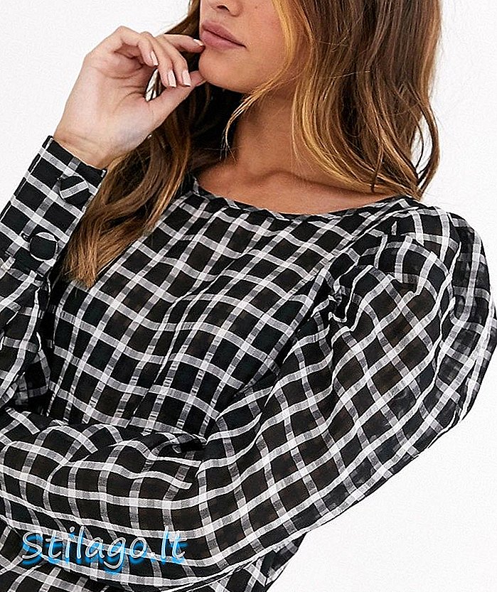 Vero Moda blouse met pofmouwen in mono check-zwart