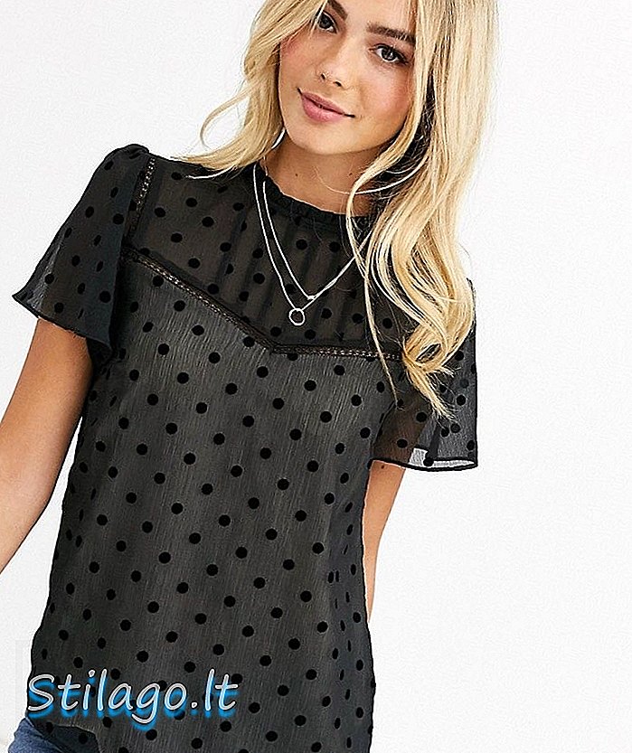 Oasis mesh top dengan flare sleevs dalam polka dot-Black
