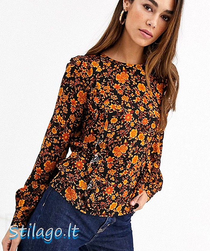 Складишна блуза с руффле детаљима у дитси цвјетном принт-наранџаста