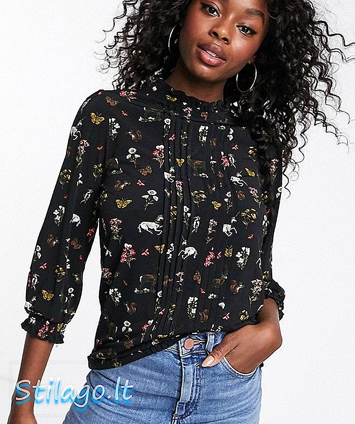 Blusa Oasis con cuello de volantes en estampado floral-Negro