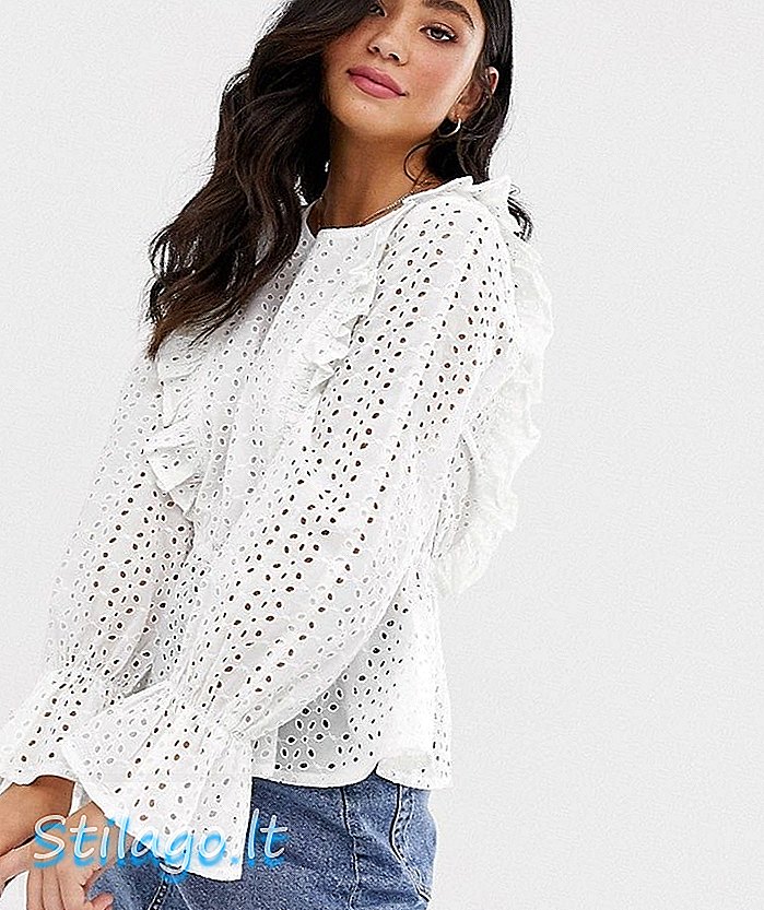 Pieces broderie prairie smock top-White