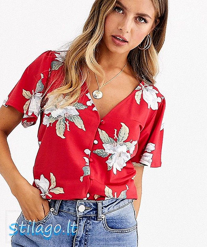 Áo blouse với tay áo loe in hoa-đỏ